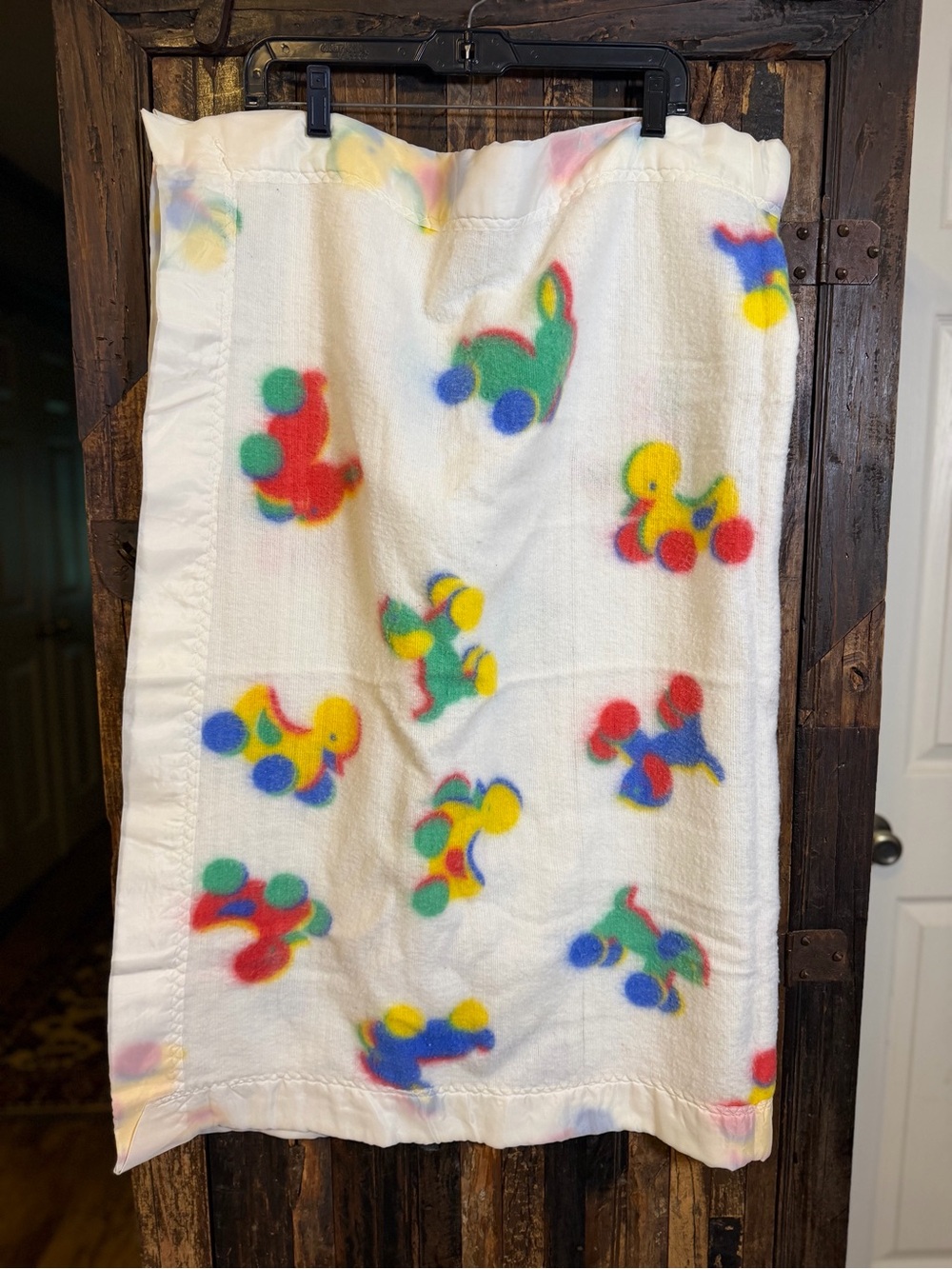 VTG Baby Blanket Acrylic Wide Satin Trim Ducks bunnies animals 35x49 USA